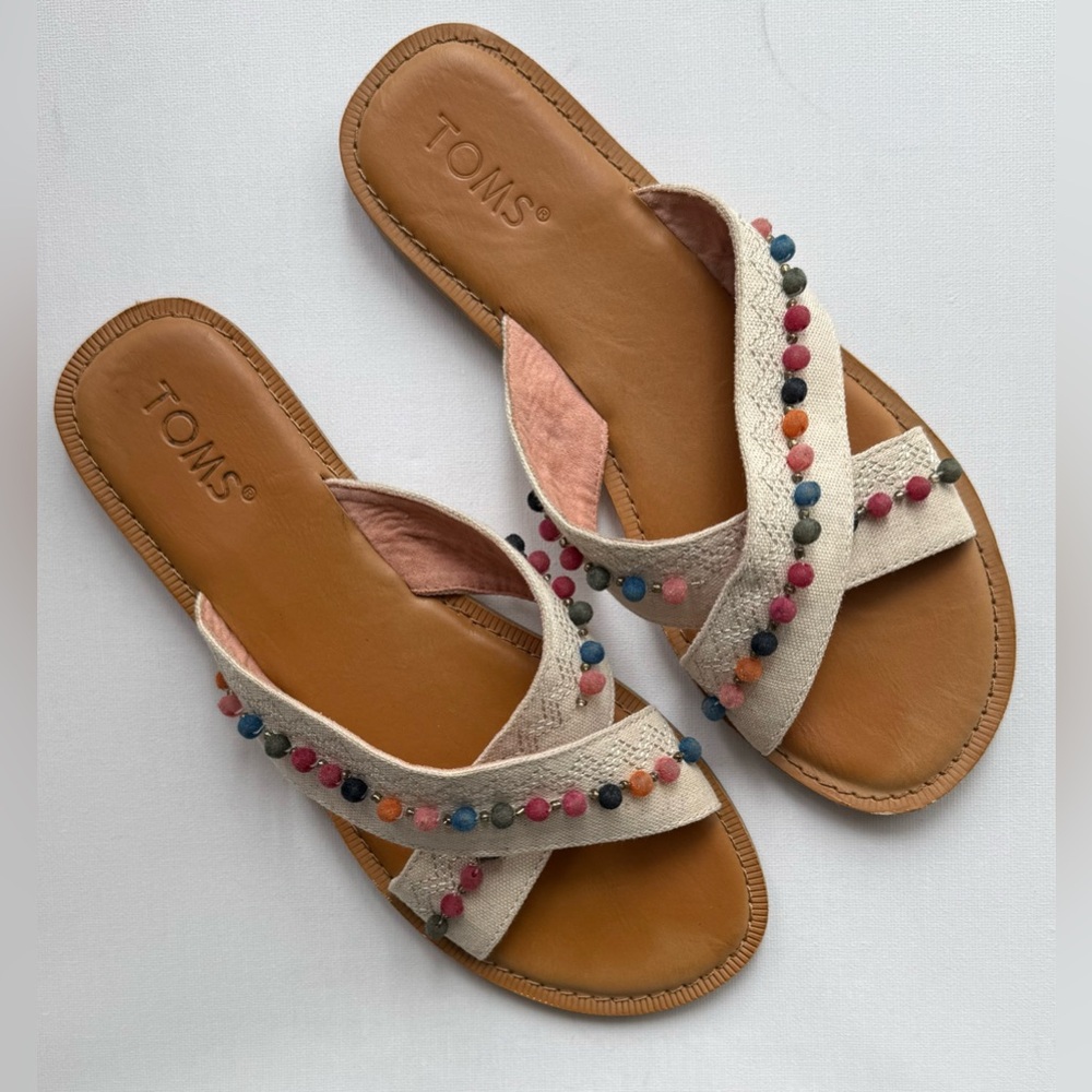 Toms Beige Sandal with Multicolor Pom Trim